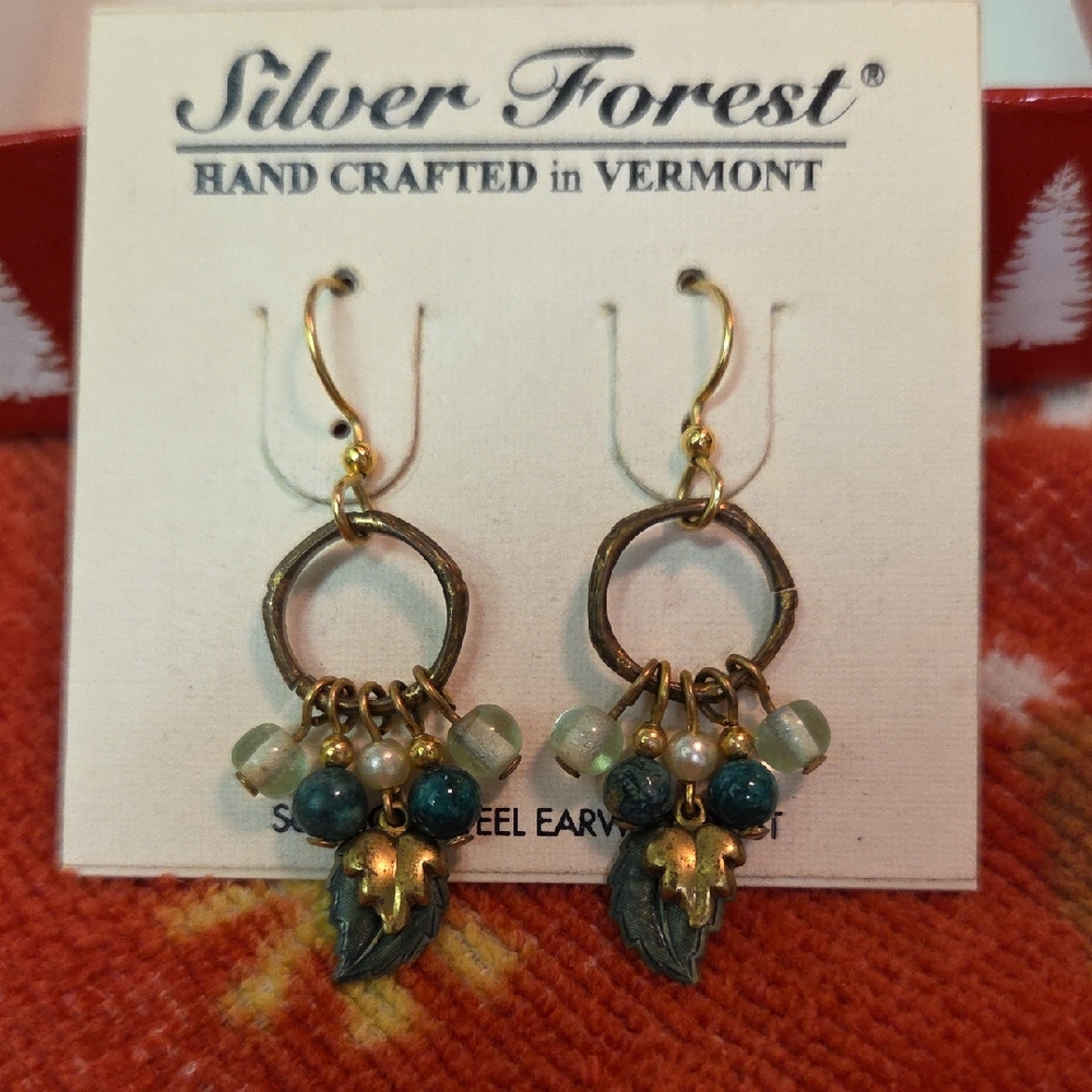 Silver Forest Gold and Teal Leaf Earrings